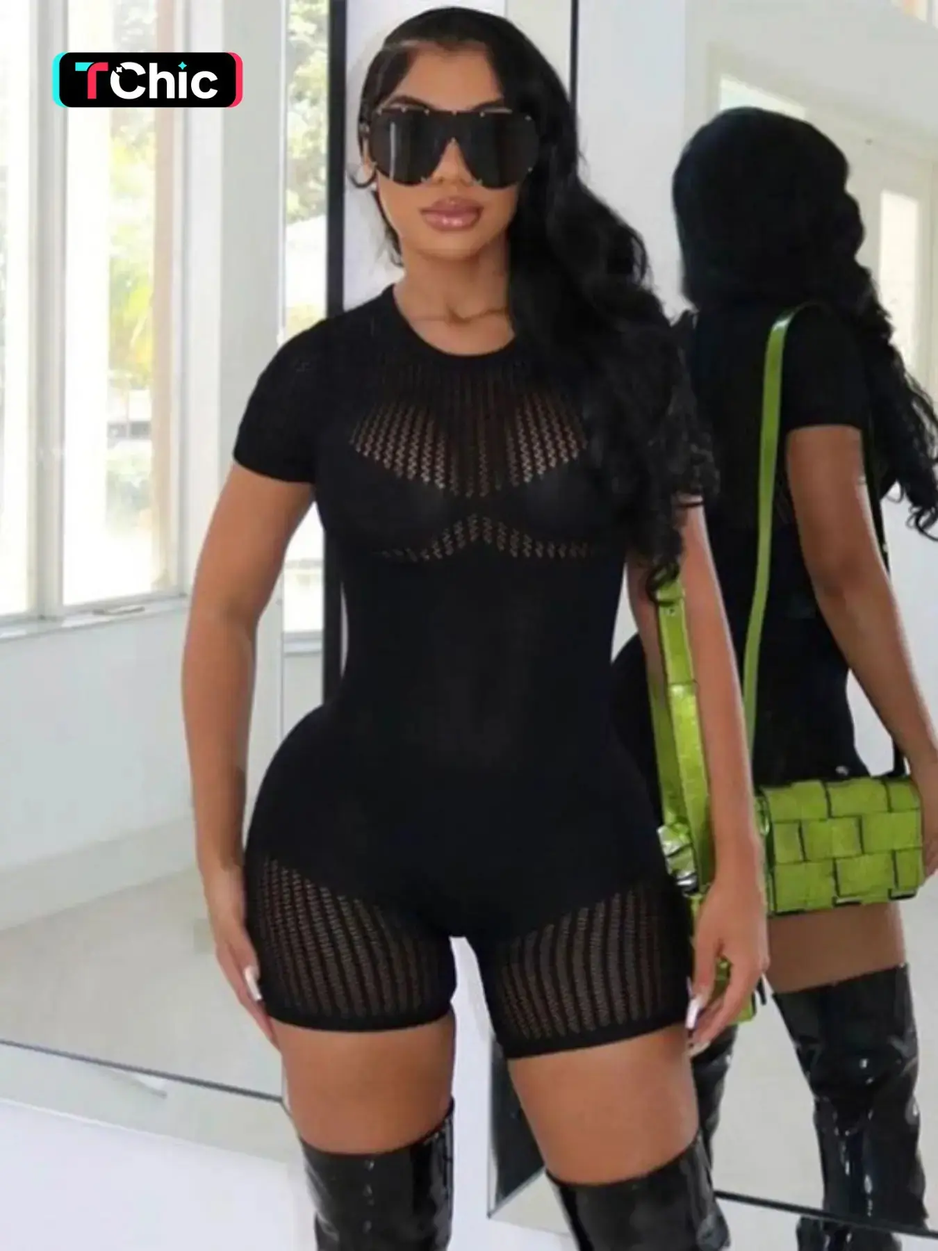 Women's Solid Sheer Round Neck Romper, Fashion Casual Hollow Out Short Sleeve Skinny Romper for Daily Outdoor Wear, Women Clothing for Summer