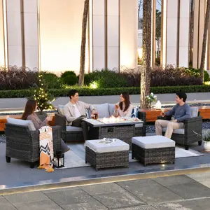 【Summer Vibes】Ovios 6-Piece Outdoor Patio Furniture Set with 42" Rectangle Propane Fire Pit Table, All-Weather Wicker Sectional Sofa Conversation Set with Cushions for Backyard Porch Deck Garden Balcony Poolside Seating