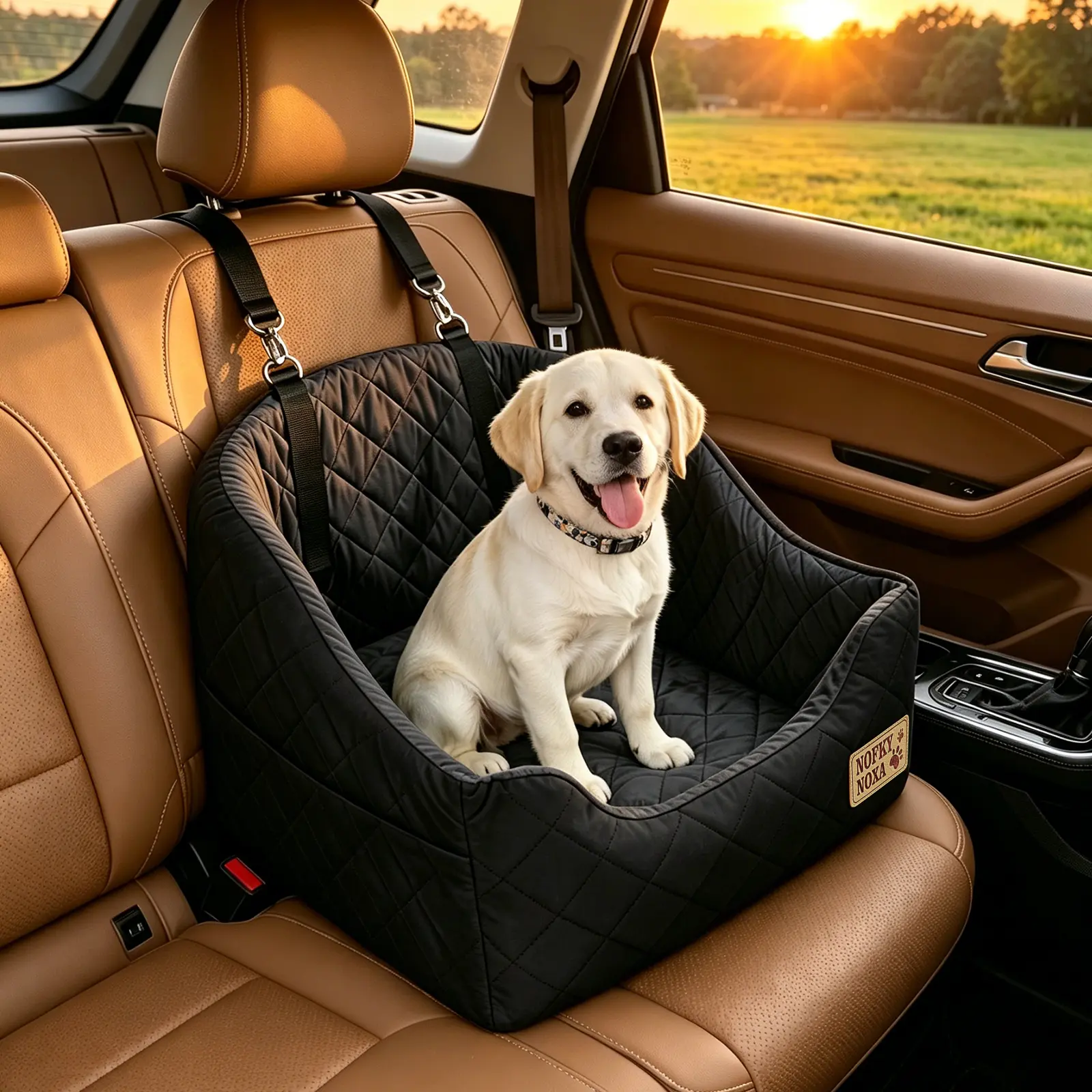 BOFNL Dog Booster Car Seat for Small/Medium Dogs Up to 35 lbs - FurFrolic Memory Foam, Detachable Washable Cover, Easy Clean, Storage Pockets, 2 Safety Belts, Secure Ride Car Bed, Black Brown
