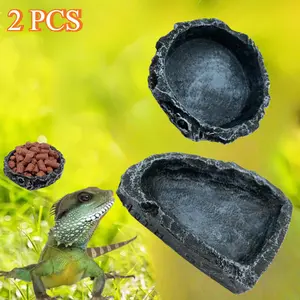 Reptile Food Water Rock Bowls 2 Pieces Shallow Reptile Feeder for Food and Water Feeding Dish for Lizard Gecko Bearded Dragon - Home Improvement.