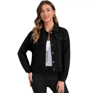 INSPIRE CHIC Women's Lapel Collar Drop Shoulder Pockets Button Down Waffle Shirt Jackets Black X-Small