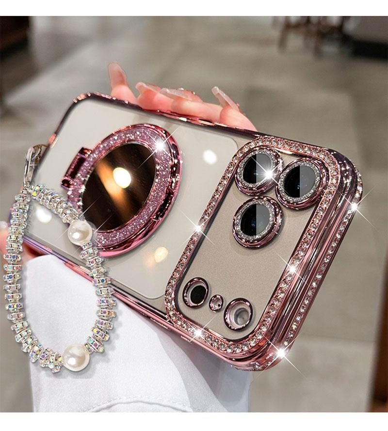 Phone Case with Mirror & Stand for iPhone 12/13/14/15/16/17 Pro Max,17Air,14/15/16 Plus. Features a shiny frame, high-definition transparent material, and full-body drop-resistant design.