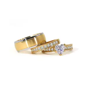 Lvrong 2 Rings His And Hers Couple Rings Bridal Sets Yellow Gold Plated 1.5CT Heart Cz Womens Wedding Ring Sets Tungsten Carbide Man Wedding Bands