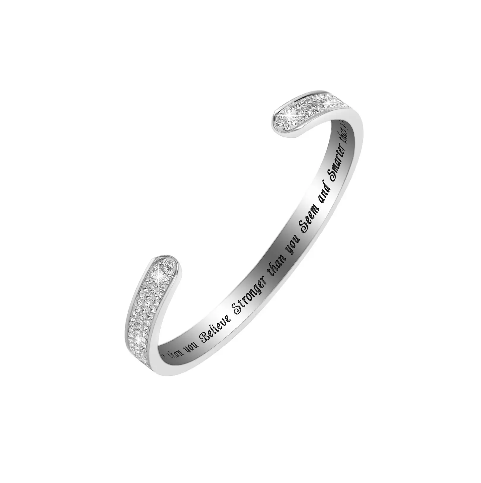 Women's Personalized Engraved Open Cuff Rhinestone Bracelet - Inspirational "You Are Stronger Than You Think" Text, Sparkling Metal Design, Female Statement Costume Jewelry Gift Accessory