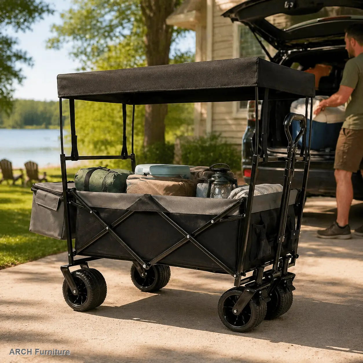 Collapsible Folding Heavy Duty Wagon with Canopy & Mosquito Net, 480Lbs Capacity Steel Frame Wagon Stroller, 7" All-Terrain Wheels, Lightweight, Black for Camping, Shopping, Collapsible Folding Wagon