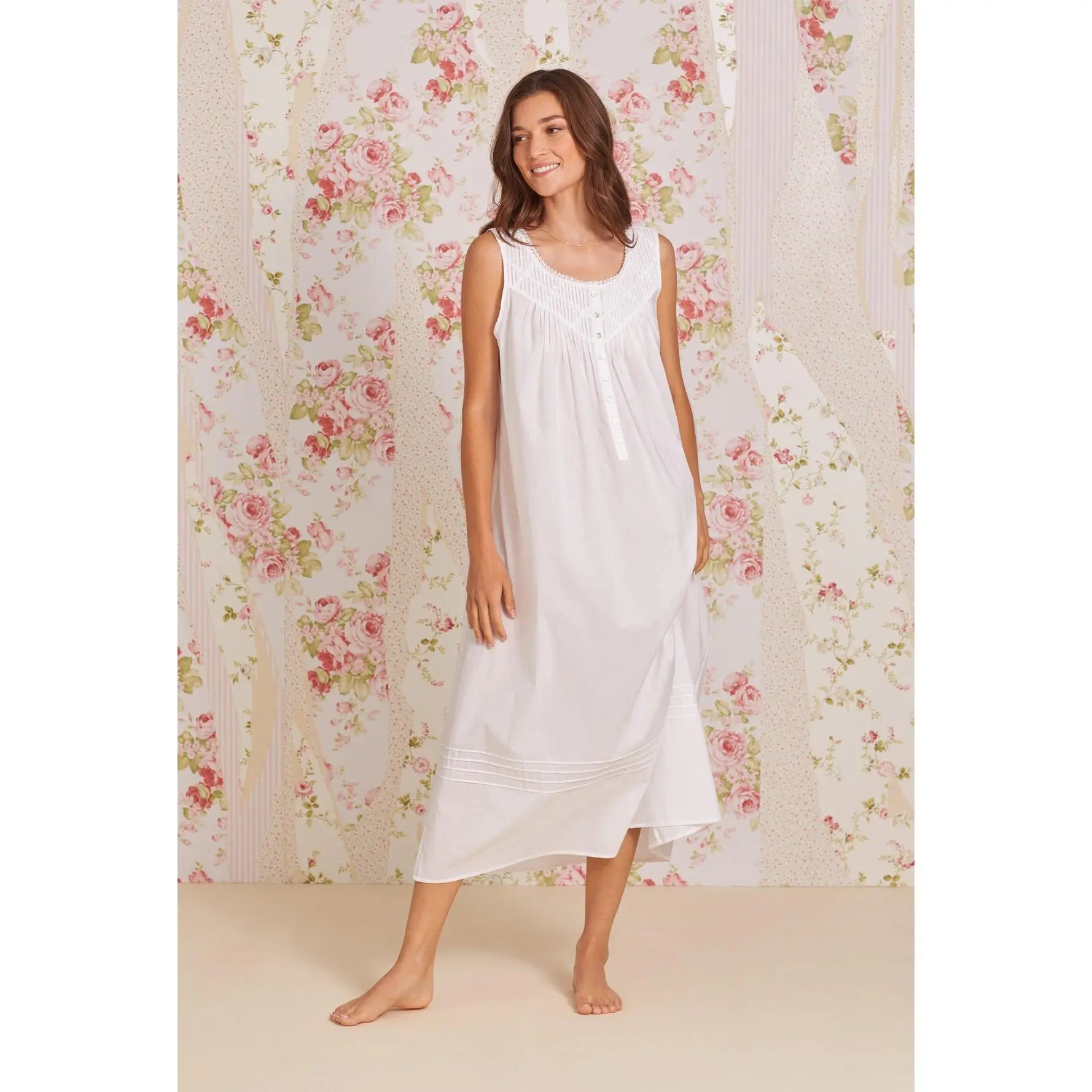 Women's Long Cotton Lawn Nightgown, Feminine Poetic Style with Pintuck Yoke and Venise Lace Accents, Piece