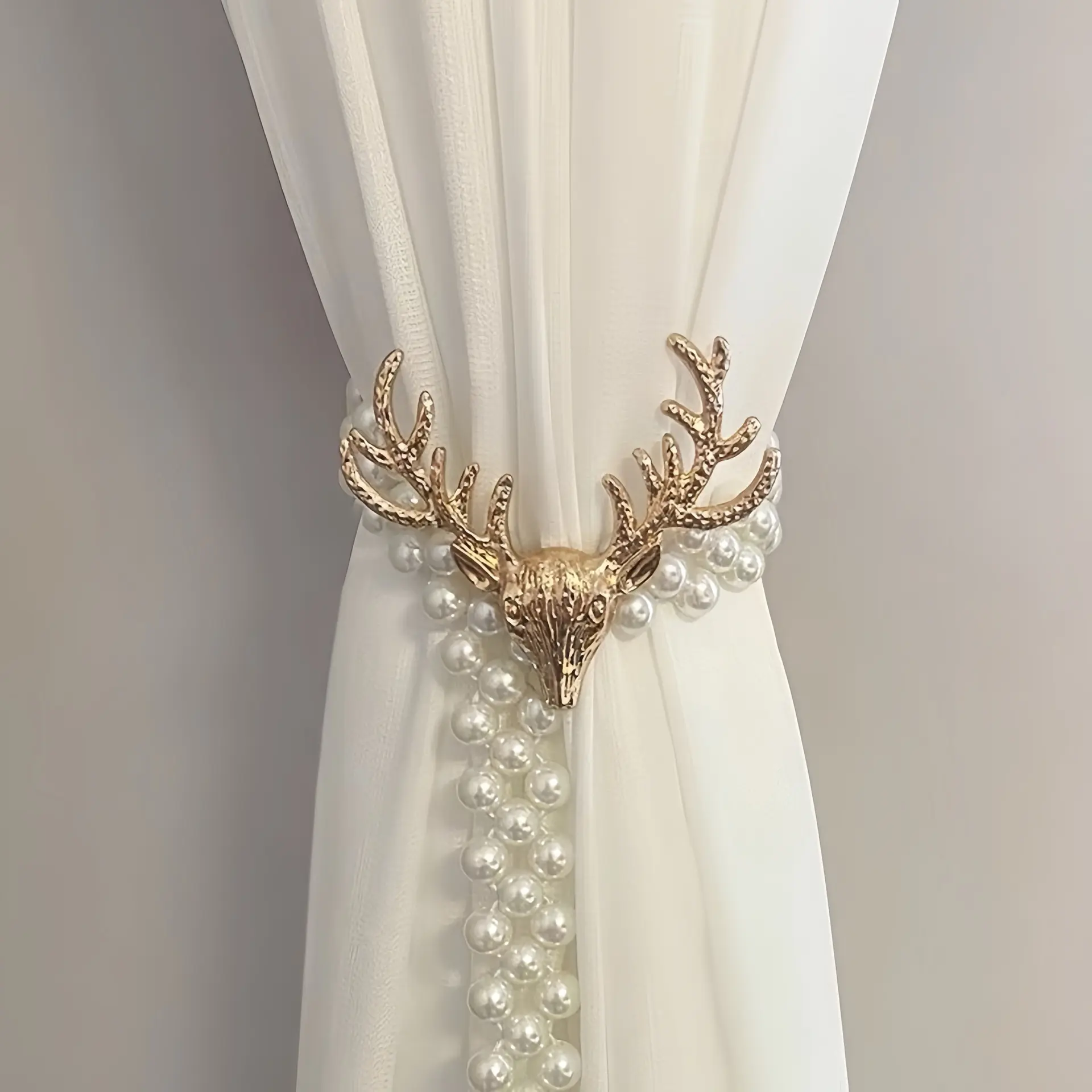 Elegant Curtain Tiebacks, Multi-Strand Faux Pearl Adjustable Hold with Deer or Butterfly Gold Hardware - No-Drill for Window Room Decor, Home, Bedroom, Living Room, Home Interiors, Window Decor, Gold Butterfly