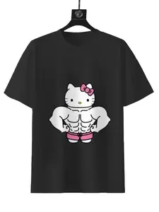 SANRIO Muscle Hello Kitty Short-Sleeve Gym Flex T-Shirt for Summer Black Tee with Iconic Design