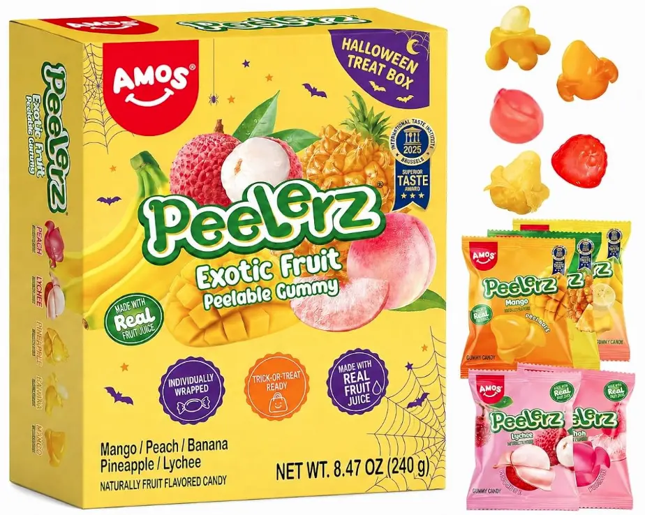 AMOS Peelerz Exotic Fruit Peelable Gummy Candy – 5 Fruit Flavors (Mango, Peach, Banana, Pineapple, Lychee), 8.47oz (240g), Individually Wrapped