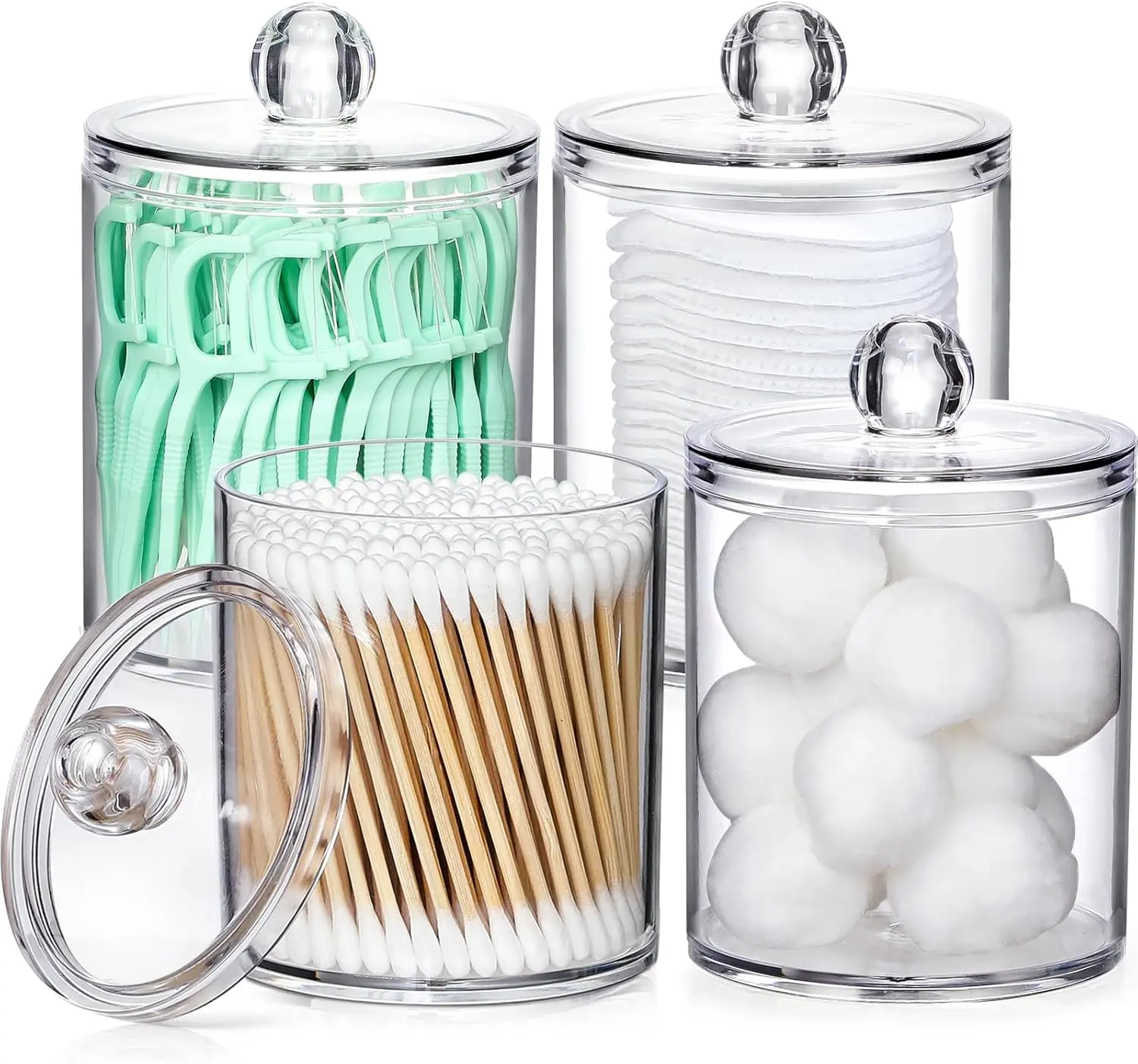 4 Pack Acrylic Qtip Holder Dispenser for Cotton Swabs, Balls, Pads, Floss Picks- Small Clear Plastic Canister Apothecary Jar Set, Bathroom Essentials...