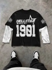 Trendy Two-Piece Long Sleeve Fitted T-Shirt, Patchwork Sleeves, American Retro Style, Perfect for Young Fashion Enthusiasts