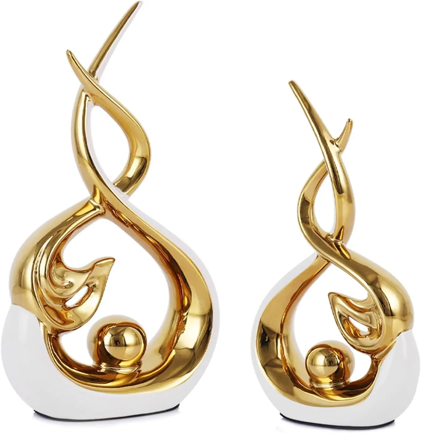Modern Abstract Ceramic Sculptures – 2-Piece White & Gold Art Deco Statues