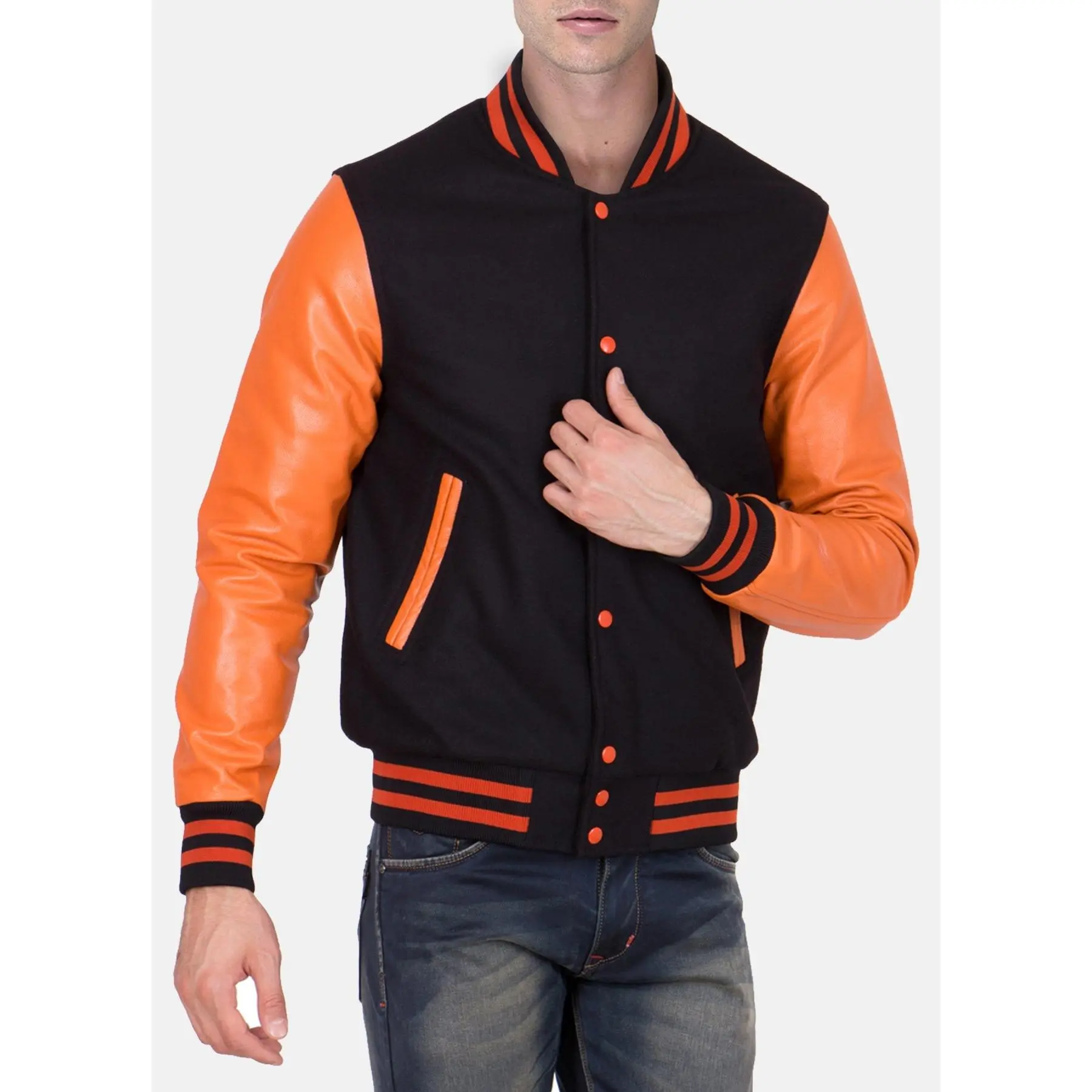 Mens Black and Orange Varsity Jacket