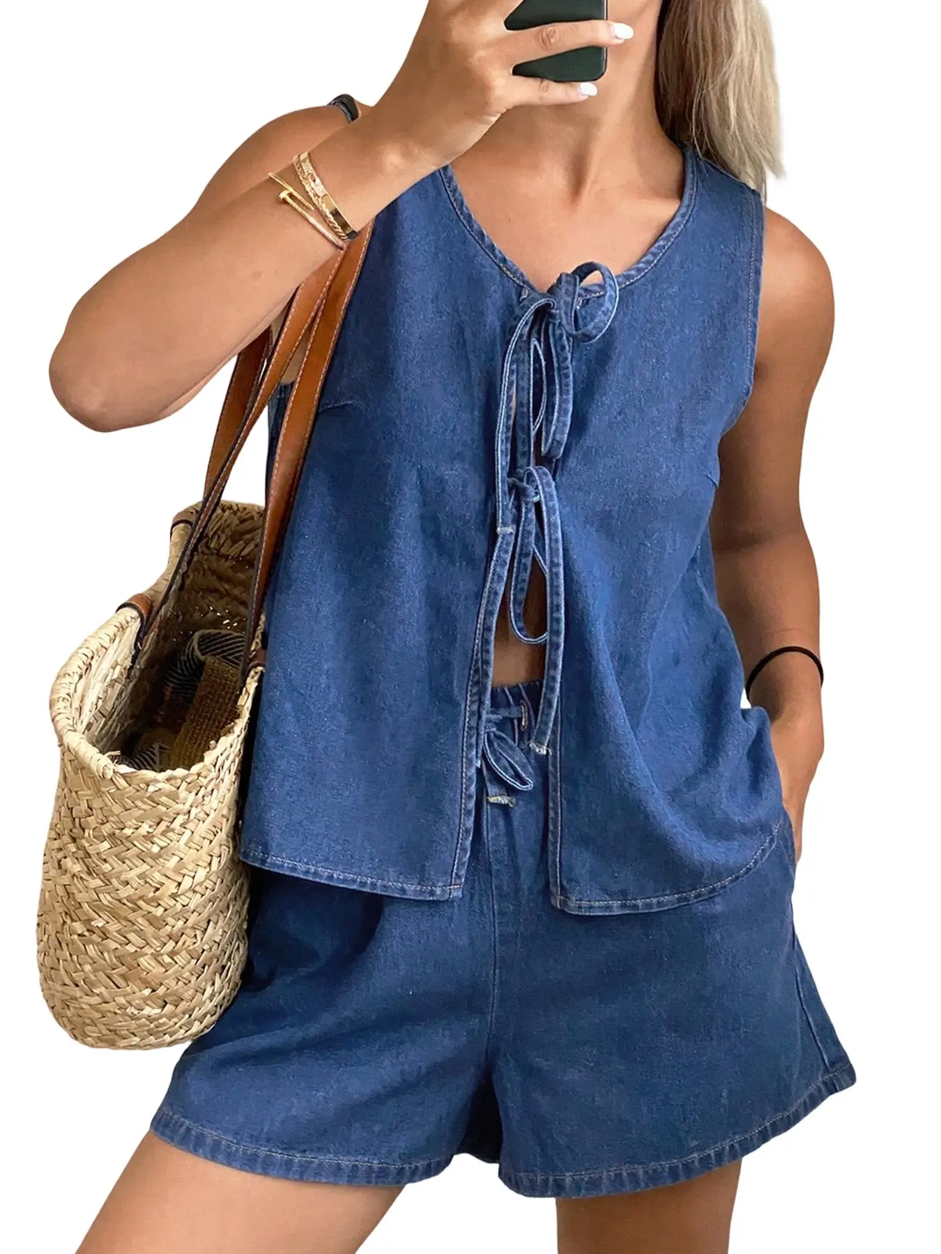 Women's Casual Denim Two-Piece Set, Front Tie Sleeveless Tank Top Vest, High-Waisted Shorts, Loose Fit Summer Fashion Womenswear Clothes, Summer Matching Set