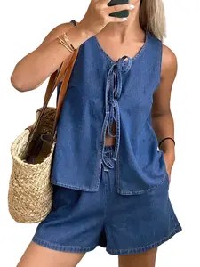 Women's Casual Denim Two-Piece Set, Front Tie Sleeveless Tank Top Vest, High-Waisted Shorts, Loose Fit Summer Fashion Womenswear