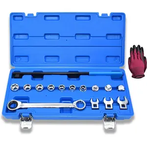 15pcs Universal Ratcheting Serpentine Belt Tool Set, Serpentine Belt Removal Installation Tensioner Kit with Ratcheting Wrench, Crowfoot Wrenches, Socket Adapters, 6-Point Sockets