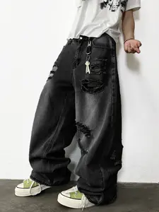 UPTHE Men's Baggy Wide Leg Denim Jeans, Distressed Ripped Washed Black, Y2K Oversized Skater Style with Raw Hem, Casual Streetwear Menswear Vibe