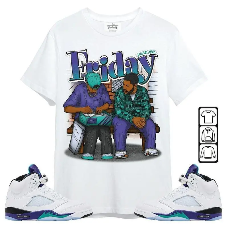 Friday Movie 90s Tee + Matches Retro Grape 5s + Sneaker = Shirt + JD'sz 5 Outfit + Retro Streetwear Style