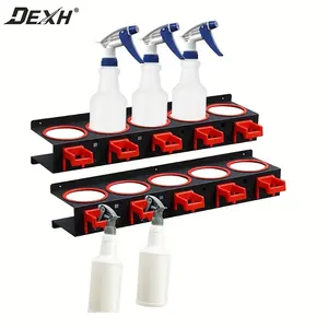 DEXH Wall Mounted Spray Bottle Holder Storage Rack with 5 Holes & 5 Plastic Hooks for Cleaning Tools Metal Frame Organizer