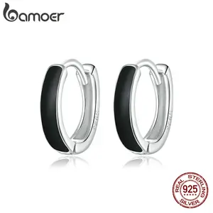 Black Hoop Earrings for Women 100% 925 Sterling Silver Enamel Drop Oil Earring Party Jewelry SCE1047