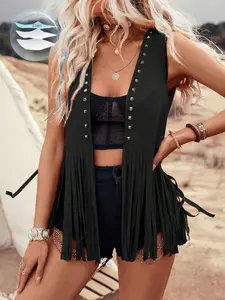 Street Style Suede Vest, Metal Studs & Multi-Layer Fringe, Loose Fit Slimming Waistcoat, Fashionable Women's Outerwear, Womenswear