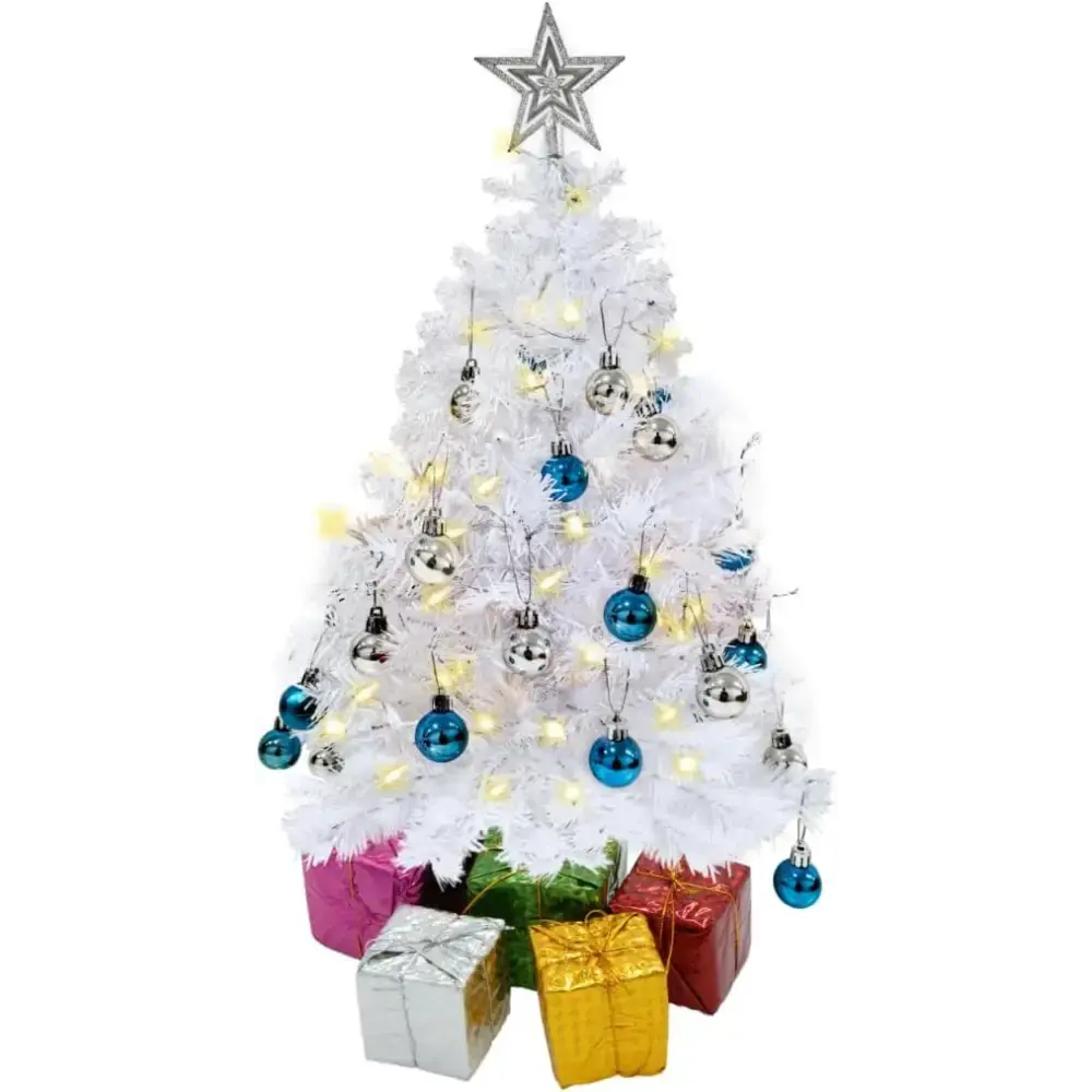 4E's Novelty 23" Pre-Lit White Christmas Tree with Star Topper – Mini Tabletop Tree with Ornaments & Lights