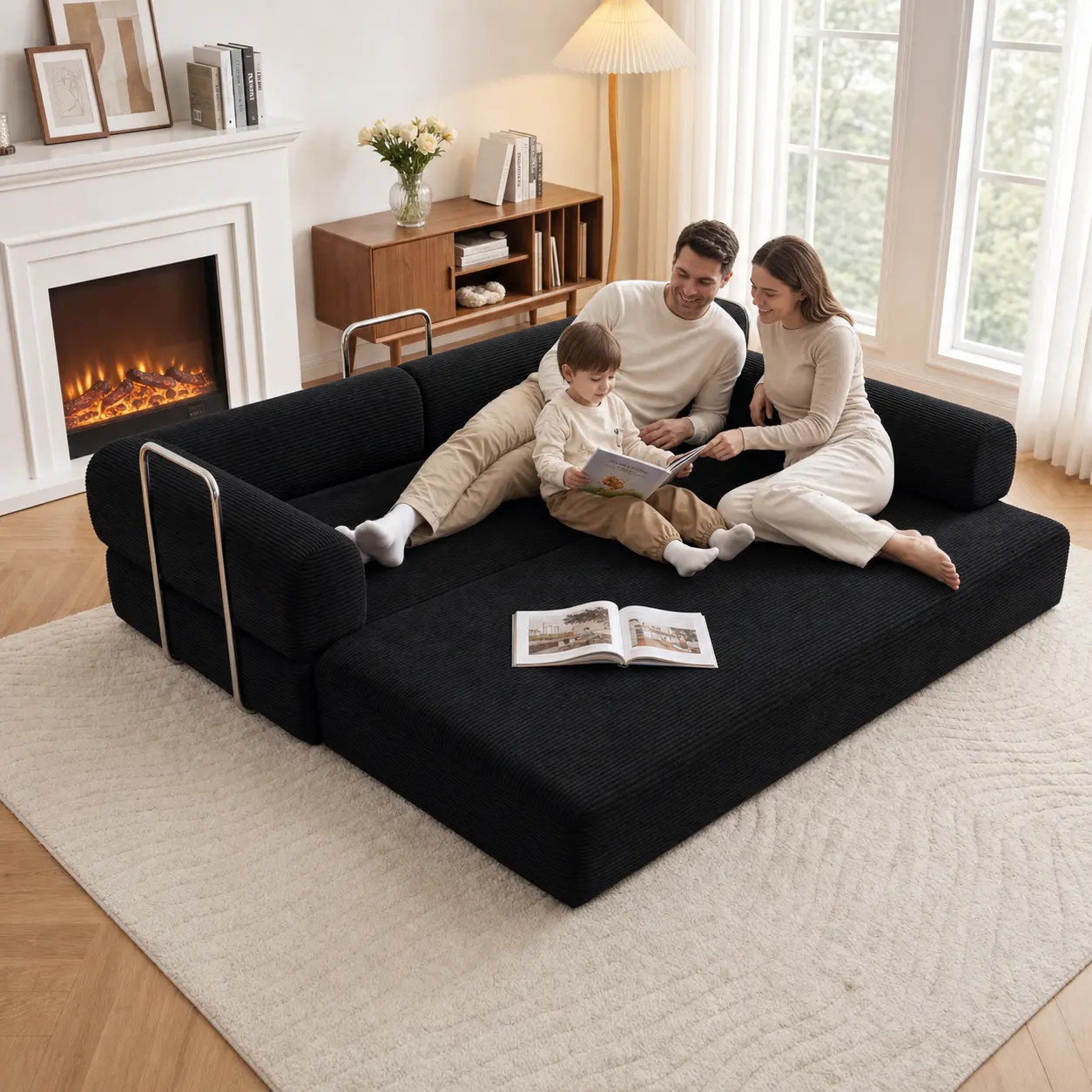 2-in-1 Convertible Sofa Bed Corduroy No Assembly Folding Floor Couch High-Density Foam Metal Support Back Cushions for Small Spaces Guest Rooms
