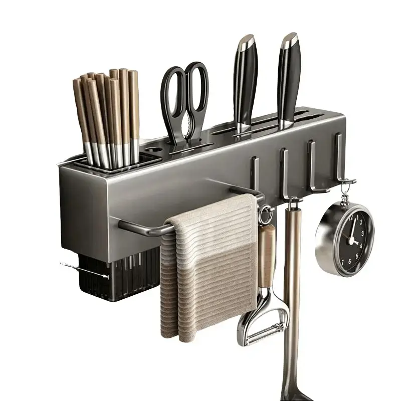 Lightweight Durable Aluminium Alloy Wall-Mounted Kitchen Storage Rack - Drill-Free Easy Installation, Versatile Organizer with Hooks, Chopstick Holders, Towel Racks for Home, Camper Use