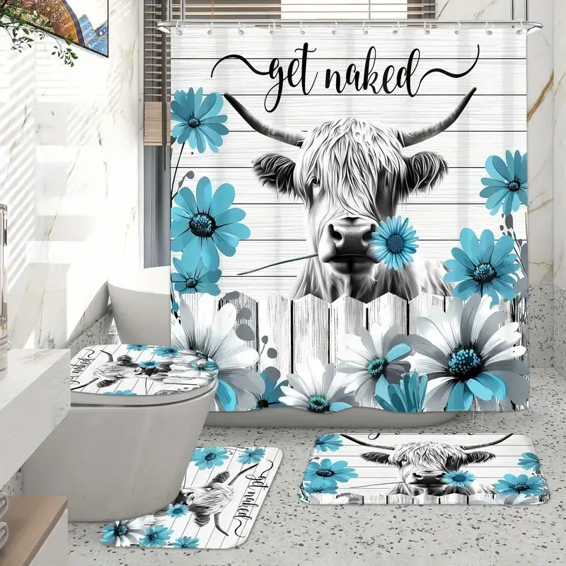 1/4 pcs Highland cow pattern design shower stall curtain set, Aesthetic shower curtain, non-slip floor mat, U-shaped carpet, toilet lid cover, perfect for bathroom decoration, free 12 shower curtain hooks