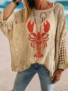 Spring Summer Round Neck Hollow Out Batwing Sleeve Top, Lobster Print Bohemian Style, Beach Vacation Casual Layered Vest, Boho Resort Blouse, Womenswear