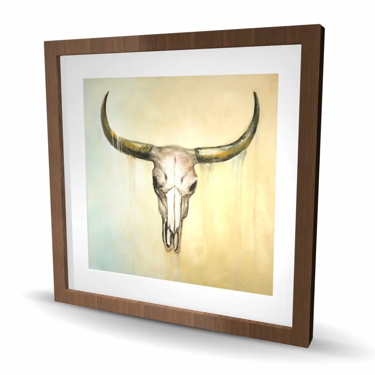 212 MAIN Artistic Brown Western Wood-Framed Matted Cow Skull Print - 24x24 in, Farmhouse Home Decor Wall Art Decoration Poster, Artistic Western Prints, Farm Animal Prints