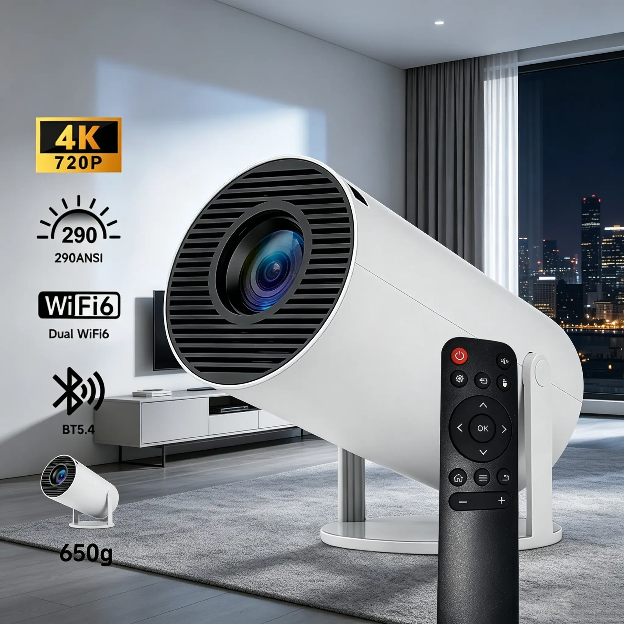 Mini Portable Tabletop Pico Home Cinema Projector - 720P Full HD LED, 290 ANSI Lumens, Wireless Bluetooth 5.4, WiFi, Android OS, Auto Keystone, 180° Rotatable, 130" Screen, Built-In Speaker, Remote Control, Mount-Compatible for Game outdoor projector, Aud