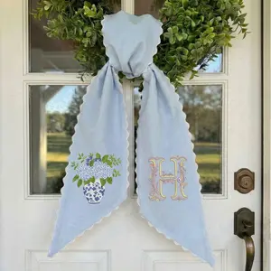 Embroidered Spring Floral Wreath Sash, Light Blue Scalloped Fabric, Custom Monogram Initial Tie, Personalized Summer Front Door Decor wreath sash, monogram door decor