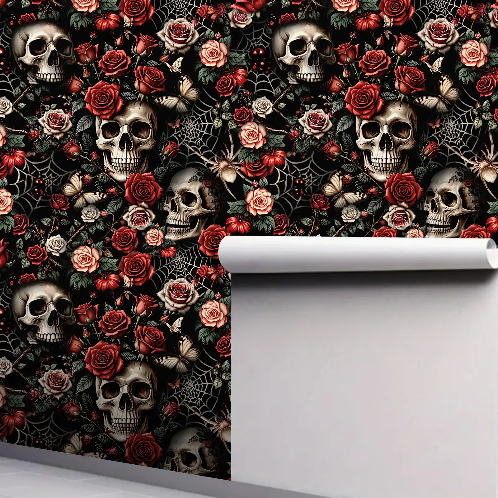 Gothic Self-Adhesive Decorative Wallpaper Roll, Skulls Roses Spiderwebs Design, Waterproof Vinyl Wall Paper, Easy Peel & Stick Halloween Decor, Peel And Stick Living Room Wallpaper Designs