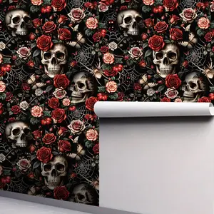 Gothic Self-Adhesive Wallpaper Roll, Skulls Roses Spiderwebs Design, Waterproof Vinyl Wall Paper, Easy Peel & Stick Halloween Decor, Peel And Stick Wallpaper Designs