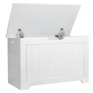 White MDF Wood Lift-Top Toy Organizer, Safe Hinge Storage Footstool, Home Entryway Organizer Bin, Footstool With Storage