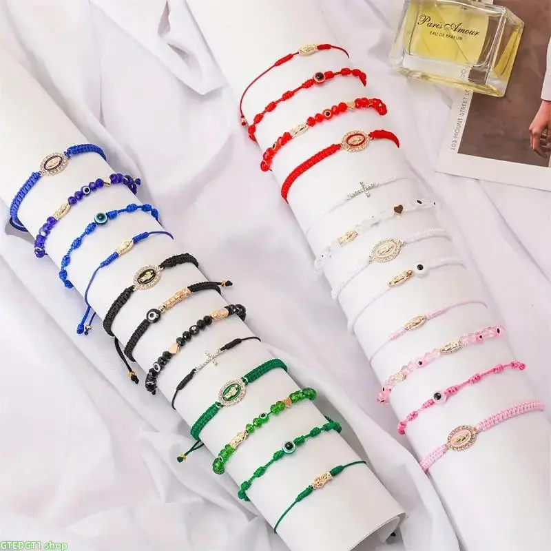 Women's Hand-Woven Rope Beaded Bracelet Collection - Adjustable Slide Knot, Religious Evil Eye/Virgin Mary/Cross Charms, Spiritual Protection Bag Charm, Layering Accessory for Daily Casual Use, Beads, Female, Wristbands, Adjustable Size, Rope Weave, Wrist