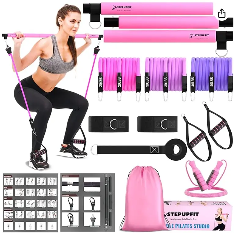 Pilates Bar Kit with Adjustable Resistance Bands, 3-Section Detachable Bar, Comfortable Grips & ft Straps - Compact Lightweight Portable Home Workout Equipment for Low Impact Workout, Traveling (Black)