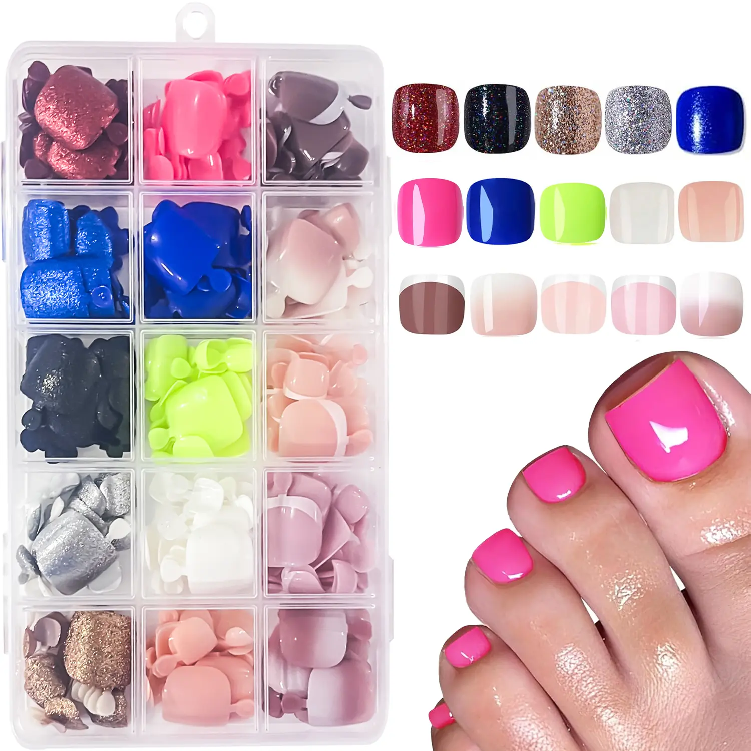 360Pcs 15 Colors, Glossy press on toenails kit, Press on Glitter Bling Reusable Fake Toenails Full Cover Short Squaval Glitter Natural Fit Lightweight Nail Art Nail Design For Women Girls, Nail Set, DIY False Toenails, DIY Nail Kit