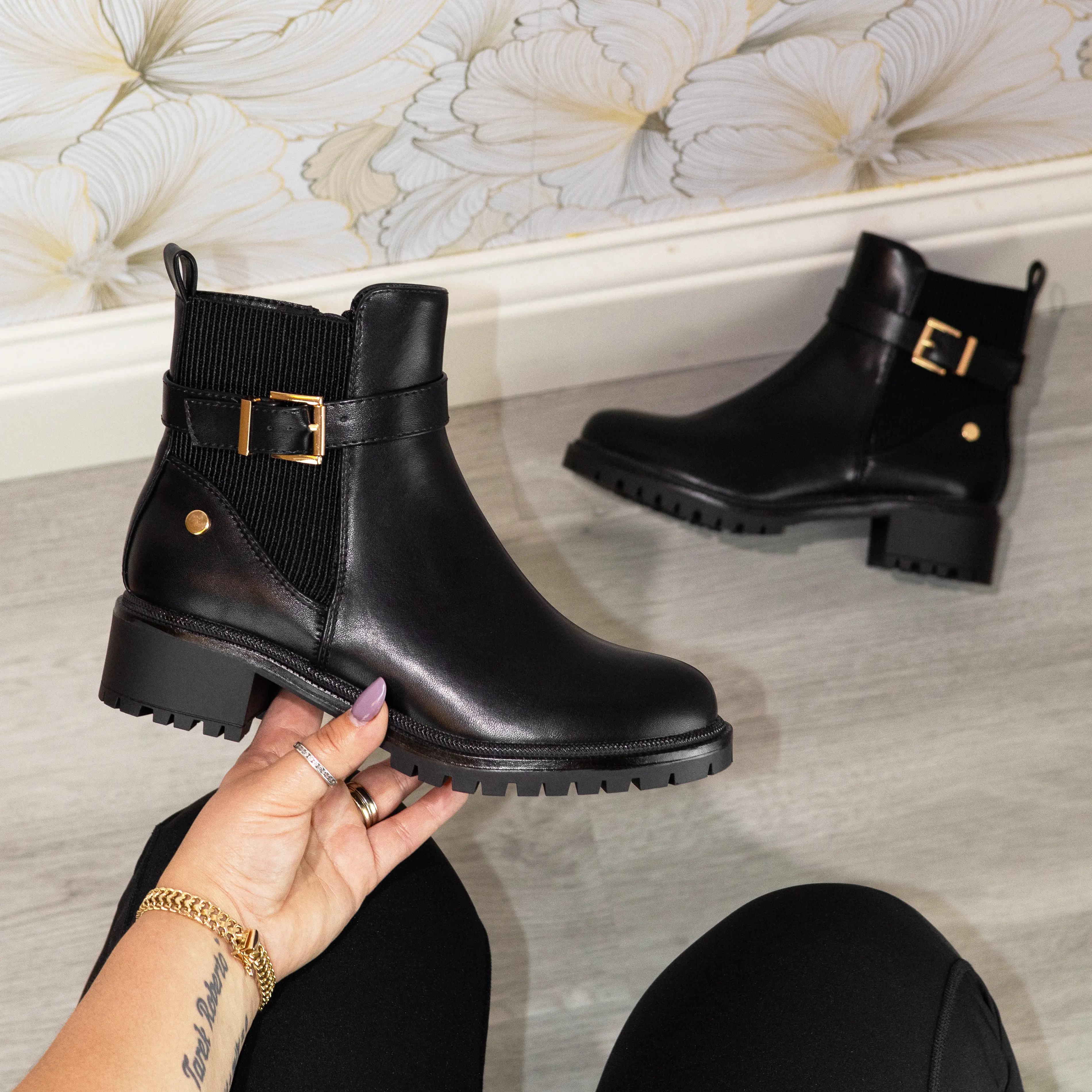 Shane - Women’s Faux Leather Chelsea Ankle Boots, Buckle Strap Lug Sole Booties with Block Heel, Elastic Side Panels, Comfortable Fashion Footwear for Casual Wear, Work & Seasonal Styling