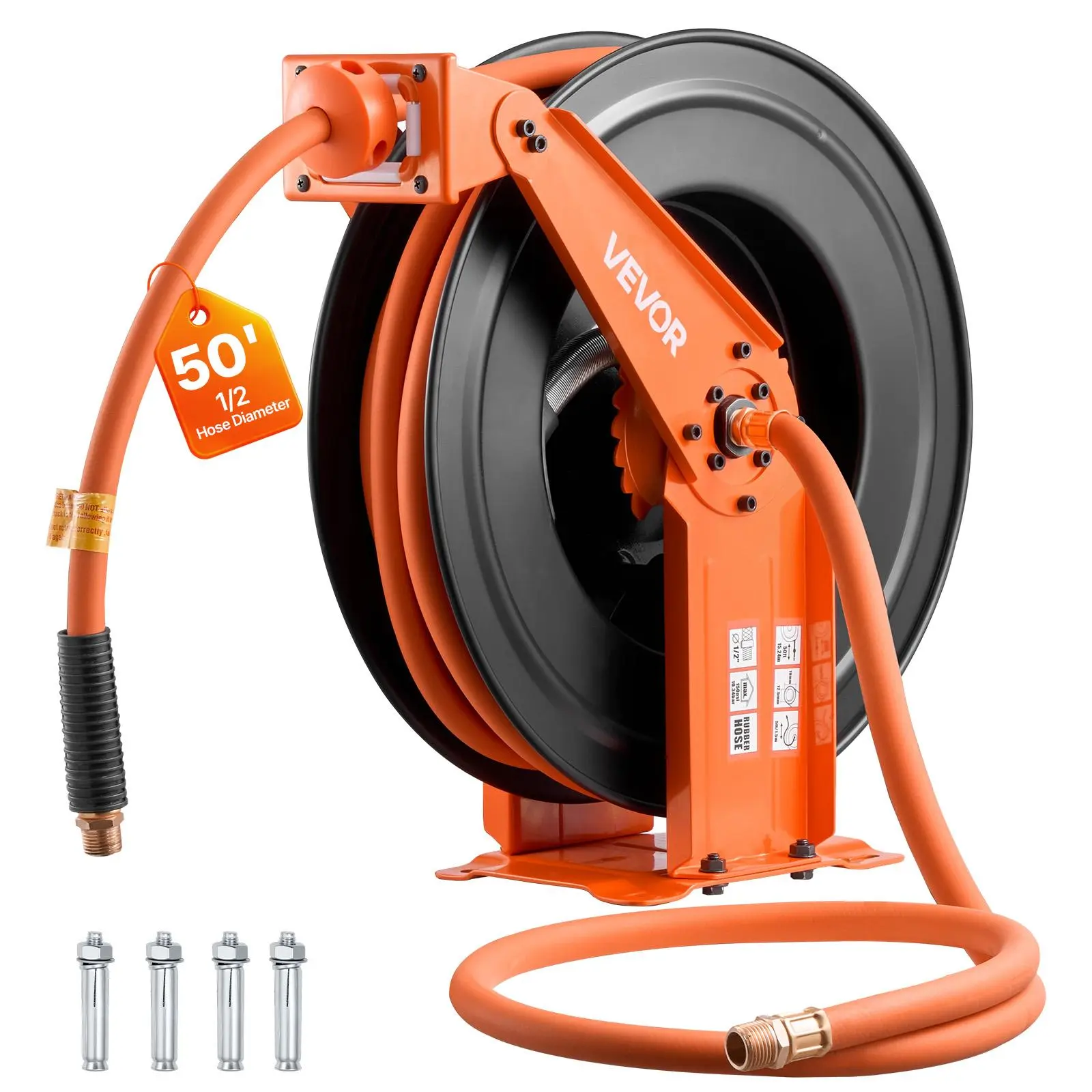 【Summerfinds】VEVOR Retractable Air Hose Reel, 1/2 Inch x 50 FT Rubber Air Hose Max 300PSI, Auto Rewind Air-Compressor Hoses Reel with 5 ft Lead in, Ceiling/Wall Mount Heavy Duty Steel Double Arm
