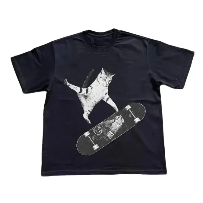 Skateboarding Cat T-Shirt, Y2k Cat Shirt, Animal Tee, Gifts Shirt, Unisex Vintage Graphic Tees Gothic Grunge Y2k Emo Scene Amity Affliction Style Clothes Men Women Streetwear