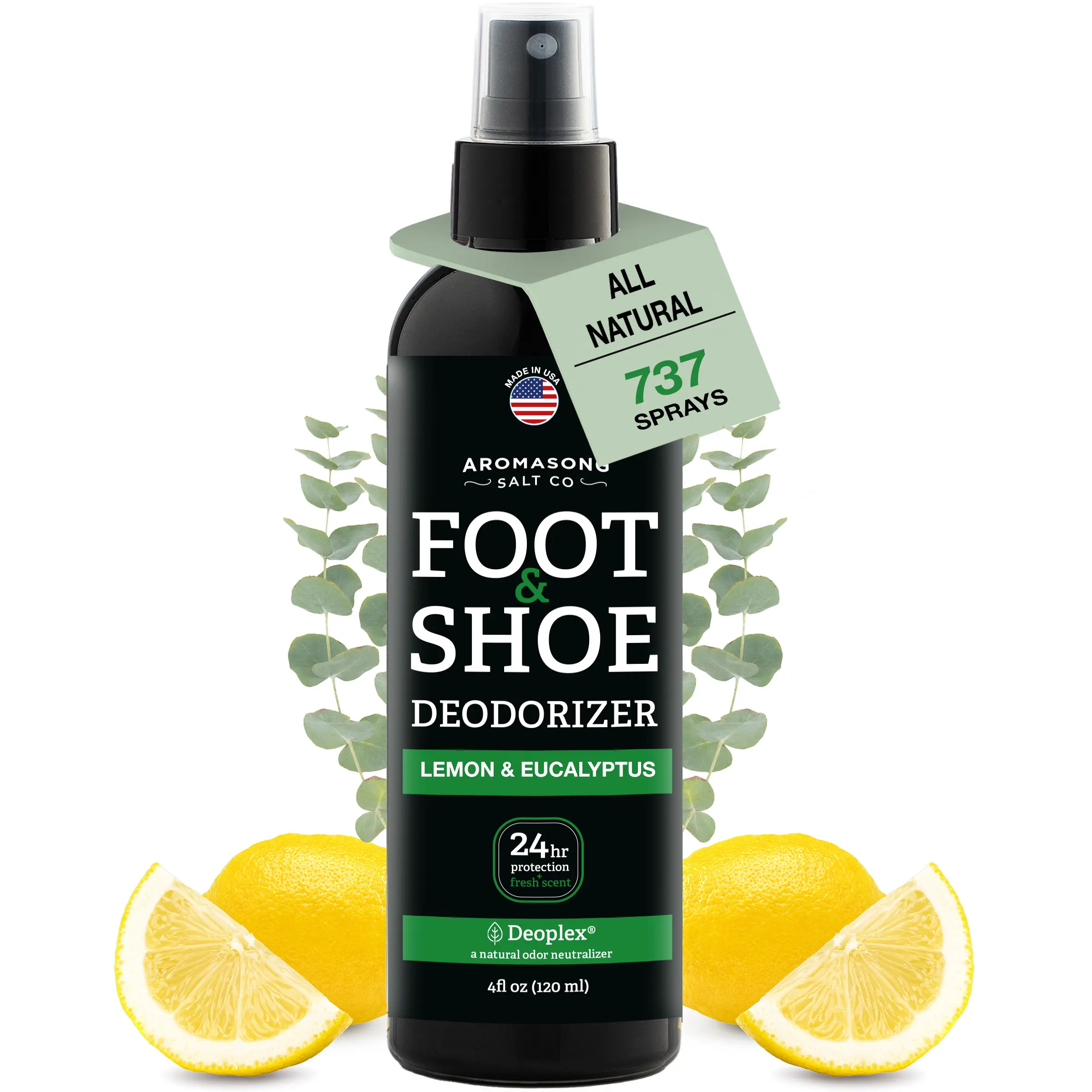 Aromasong Foot & Shoe Deodorizer 4 Oz - Natural Tea Tree Oil & Deoplex - Antibacterial Lemon Eucalyptus Scent - 737 Sprays - 24hr Freshness, 4Oz