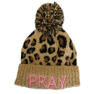 Pray Leopard Beanie Faith Wear Soft Cotton Hat with Pink Orange & Black Font Options Embroidery and Pom-Pom Detail