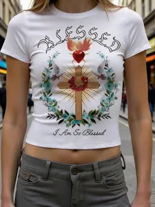 Women's Slim-Fit Short-Sleeve Crew Neck T-Shirt with Graffiti Print, Ideal for Summer Vacations and Music Festivals, Shein EZwear Comfort Style