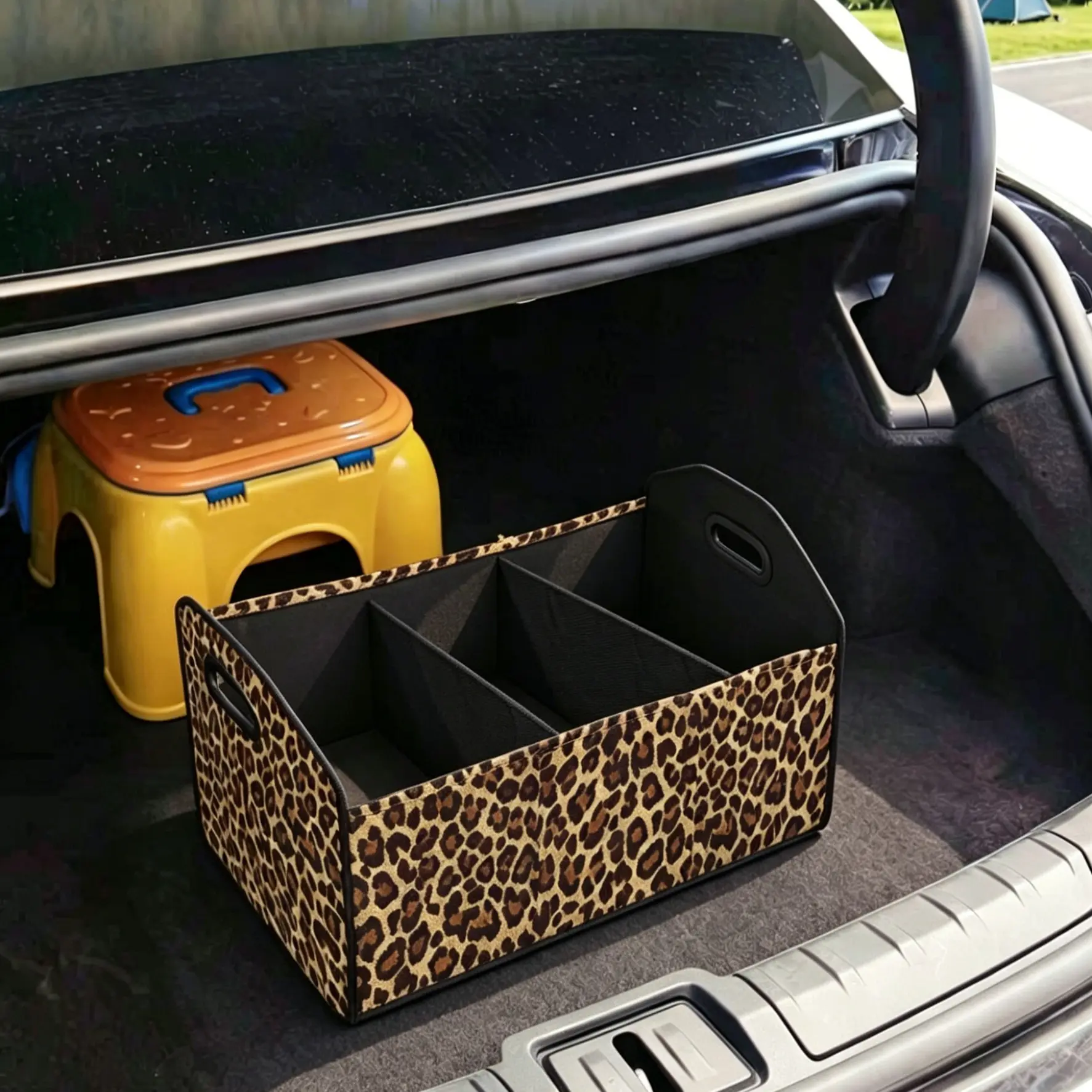 Leopard Print Multifunctional Car Storage Box, Foldable Trunk Organizer with Dividers, Automotive Cargo Holder, Vehicle Organizing Container, Car Organizers and Storage