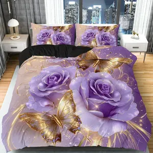 3-Piece Bedding Set Including Quilt and Pillowcases, Luxury Rose and Gold Butterfly Design, Perfect for Valentine's Day