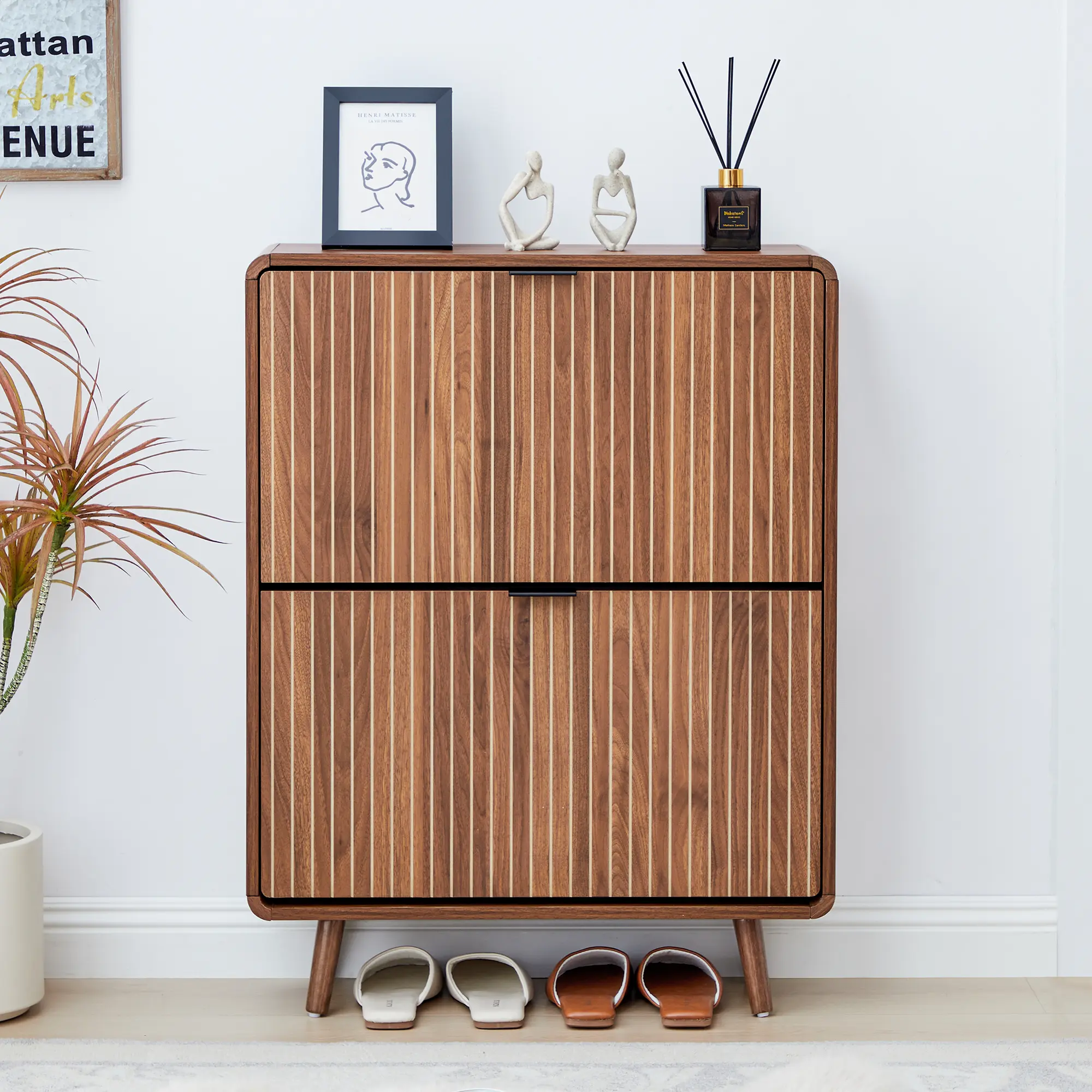 FurSch Modern Mid-Century Wooden Shoe Cabinet, Fluted Design with 2 or 3 Drawers, Stylish Storage Organizer for Entryway, Hallway, or Living Room