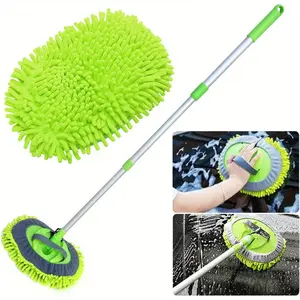 Microfiber Car Wash Mitt with a 46-Inch Aluminum Alloy Handle, Includes a Cleaning Kit Brush Duster, Scratch-Free Cleaning Tool, And Two Green Mop Heads, Without Battery