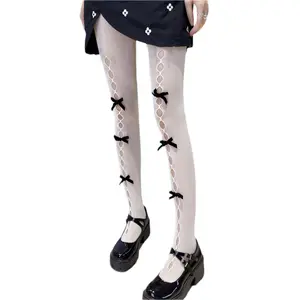 Women Cute See-through Pantyhose with Bow Knot Decors, Hollow Out Sheer Tights for Ladies